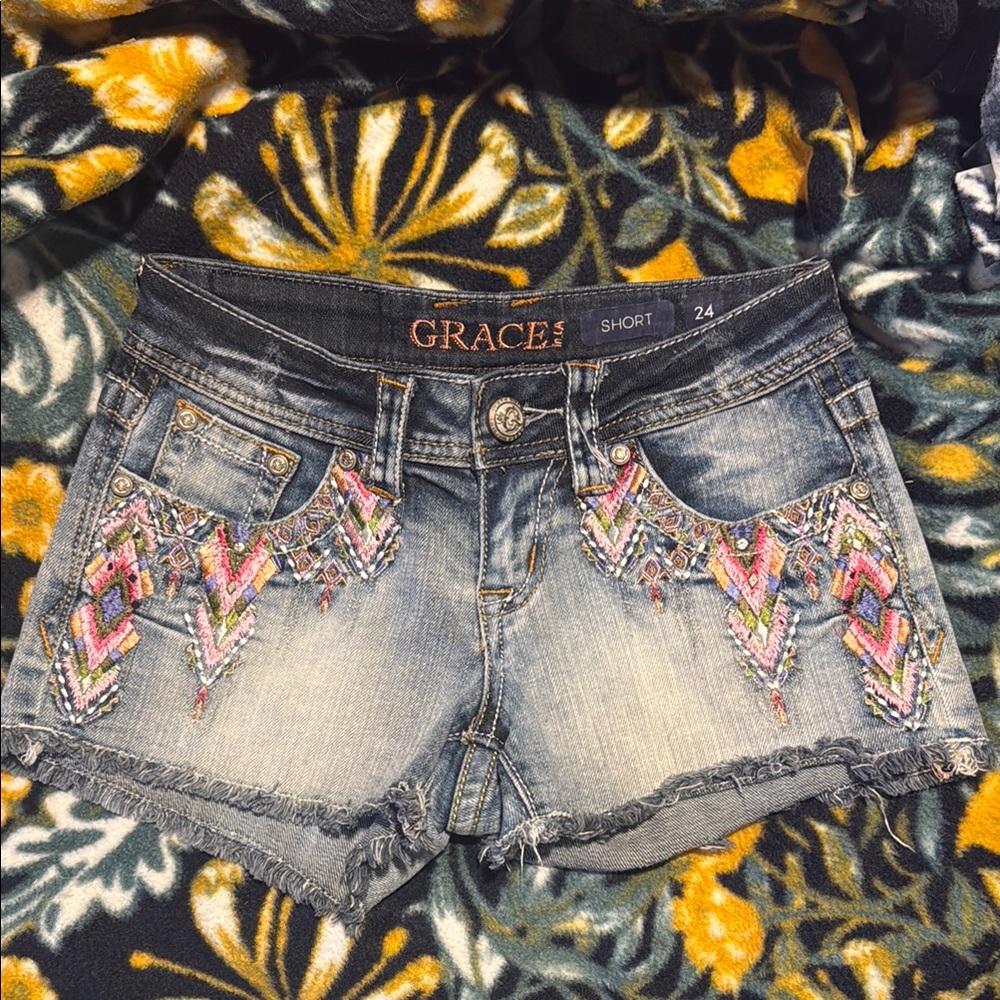 Grace Women's Embroidered Denim Shorts - Blue